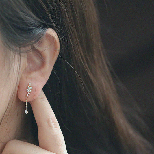 Water Drop Branches And Leaves Silver Stud Earrings