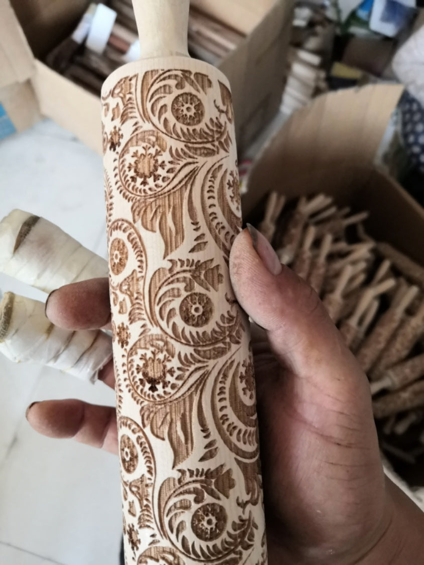 Embossed Wooden Rolling Pin – Decorative Cookie & Pastry Dough Roller with Floral, Animal, Music, Galaxy & Novelty Designs