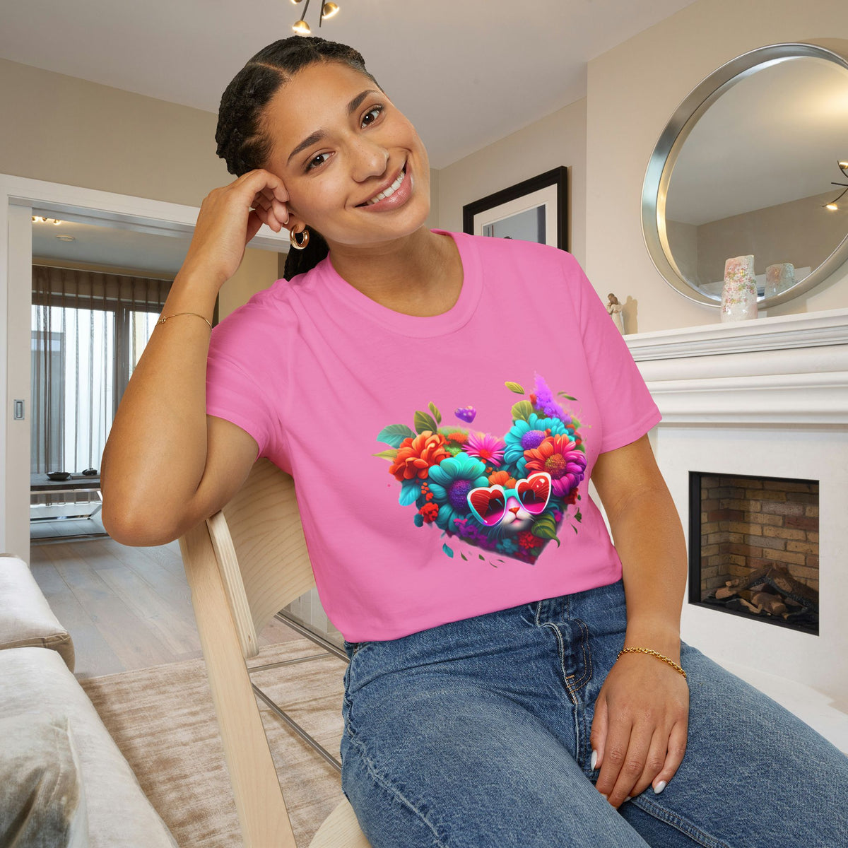 Colorful Flowers/Heart Kitten Adult T-shirt