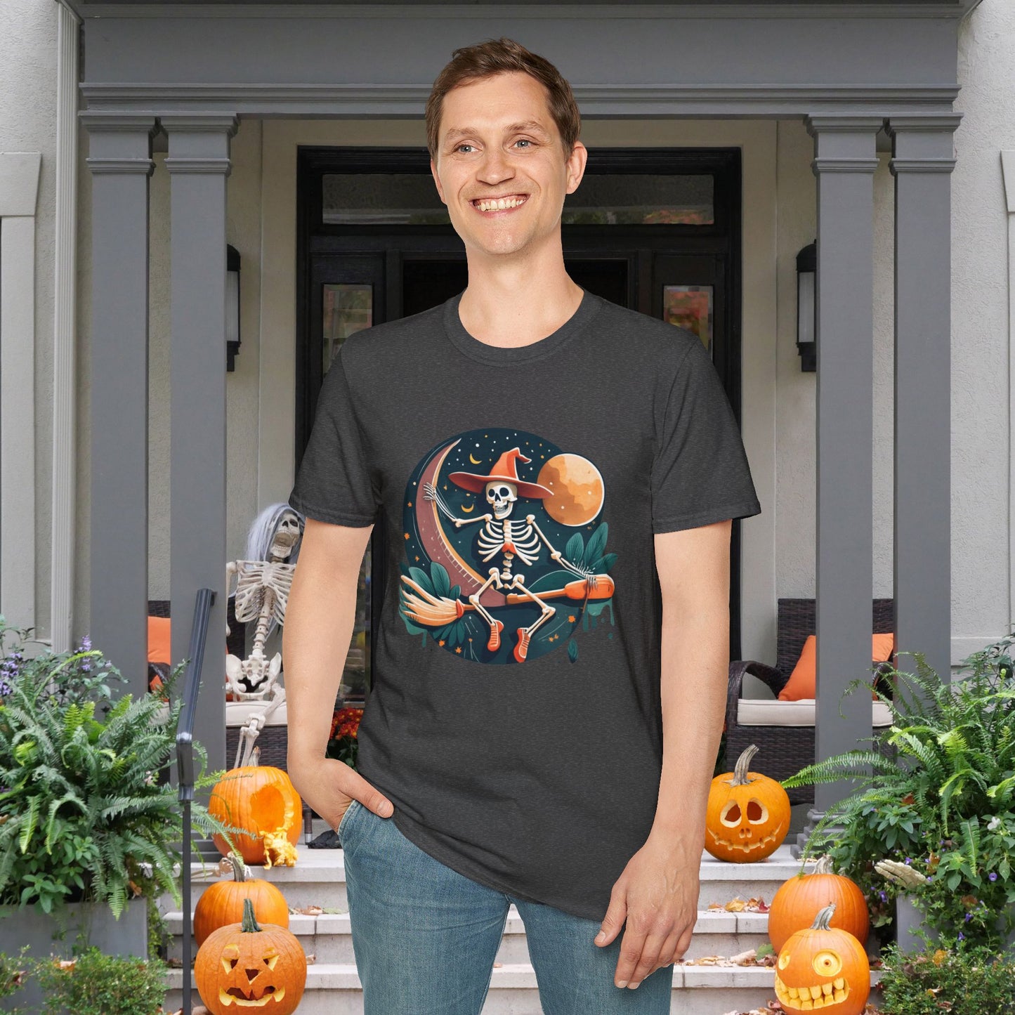 Skeleton Over Moon On Broomstick Adult T-shirt