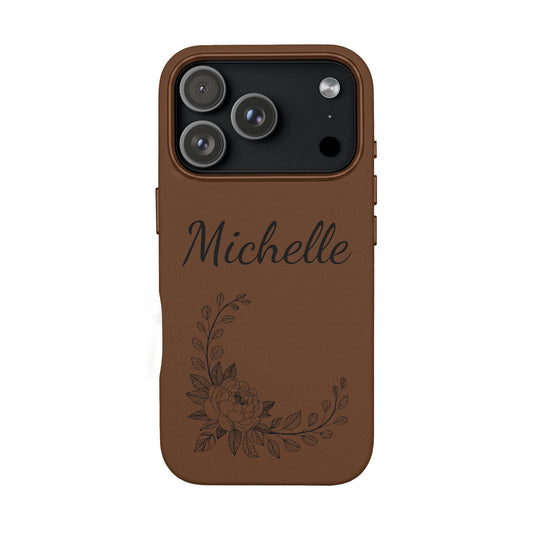 Personalized Name & Blooming Garden Corner Engraved Leather Phone Case