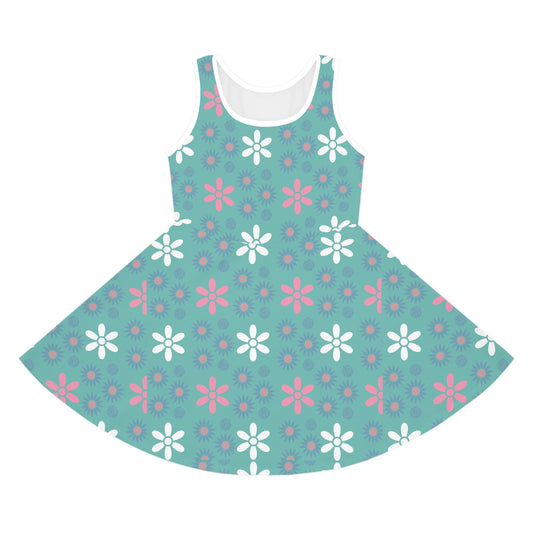 Teal Daisy Print Girls' Sleeveless Sundress - Perfect for Summer Parties & Playdates