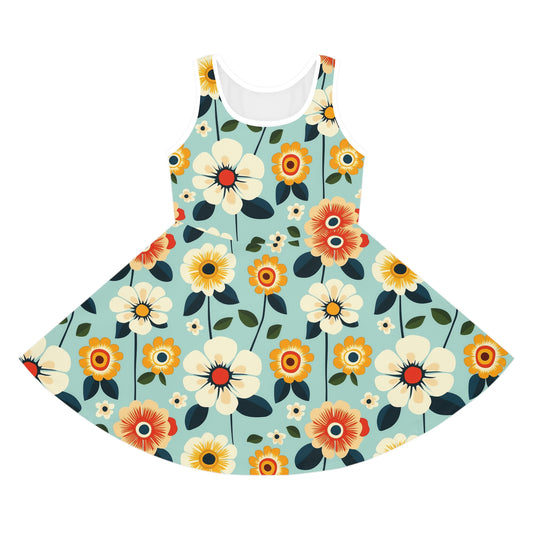 Vivid Flowers on Teal Print Girls' Sleeveless Sundress - Perfect for Summer Parties & Playdates