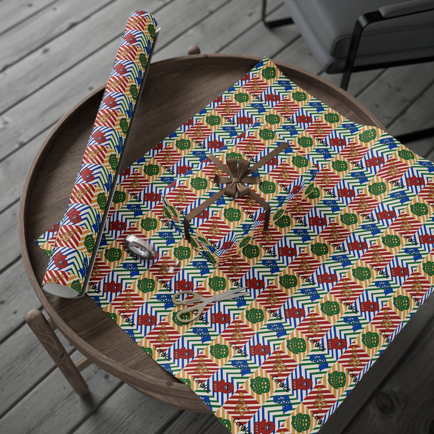 Red, Green & Gold Christmas Custom Name Wrapping Paper (Coralee)
