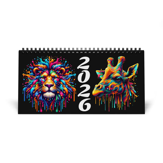 2026 Color Splash Animal Desktop Calendar — Grid Monthly Planner