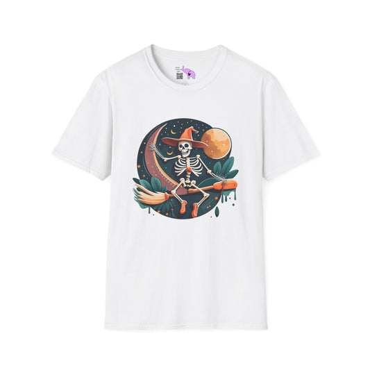 Skeleton Over Moon On Broomstick Adult T-shirt