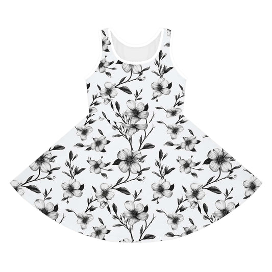 Black & White Five Petal Floral Girls' Sleeveless Sundress