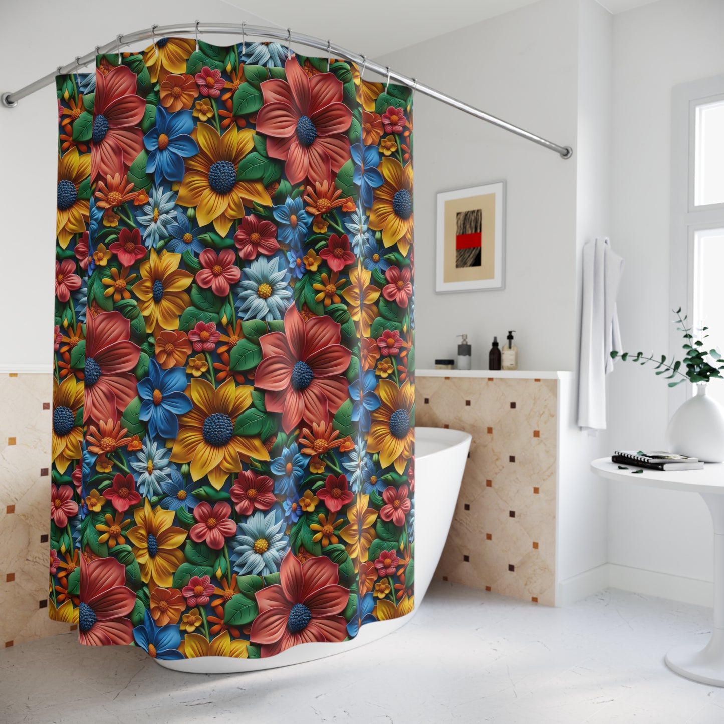 Vibrant 3D Flowers Shower Curtain