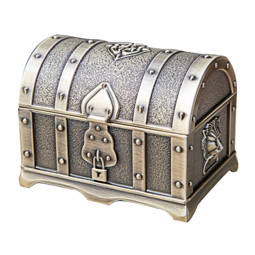 Mini Vintage Treasure Chest Jewelry Box – Antique Metal Ring & Earring Keepsake Box – Zinc Alloy Trinket Chest