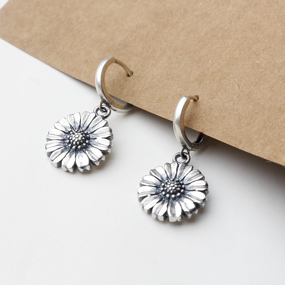 Silver Sunflower Bloom Earrings