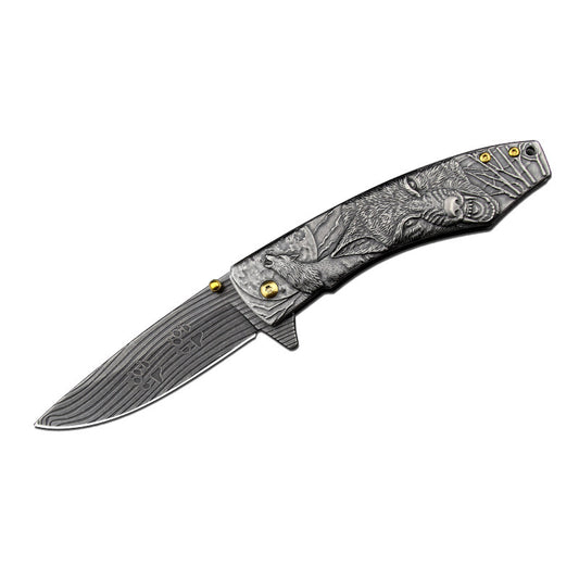 Stainless Steel Wolf-Themed Folding Pocket Knife