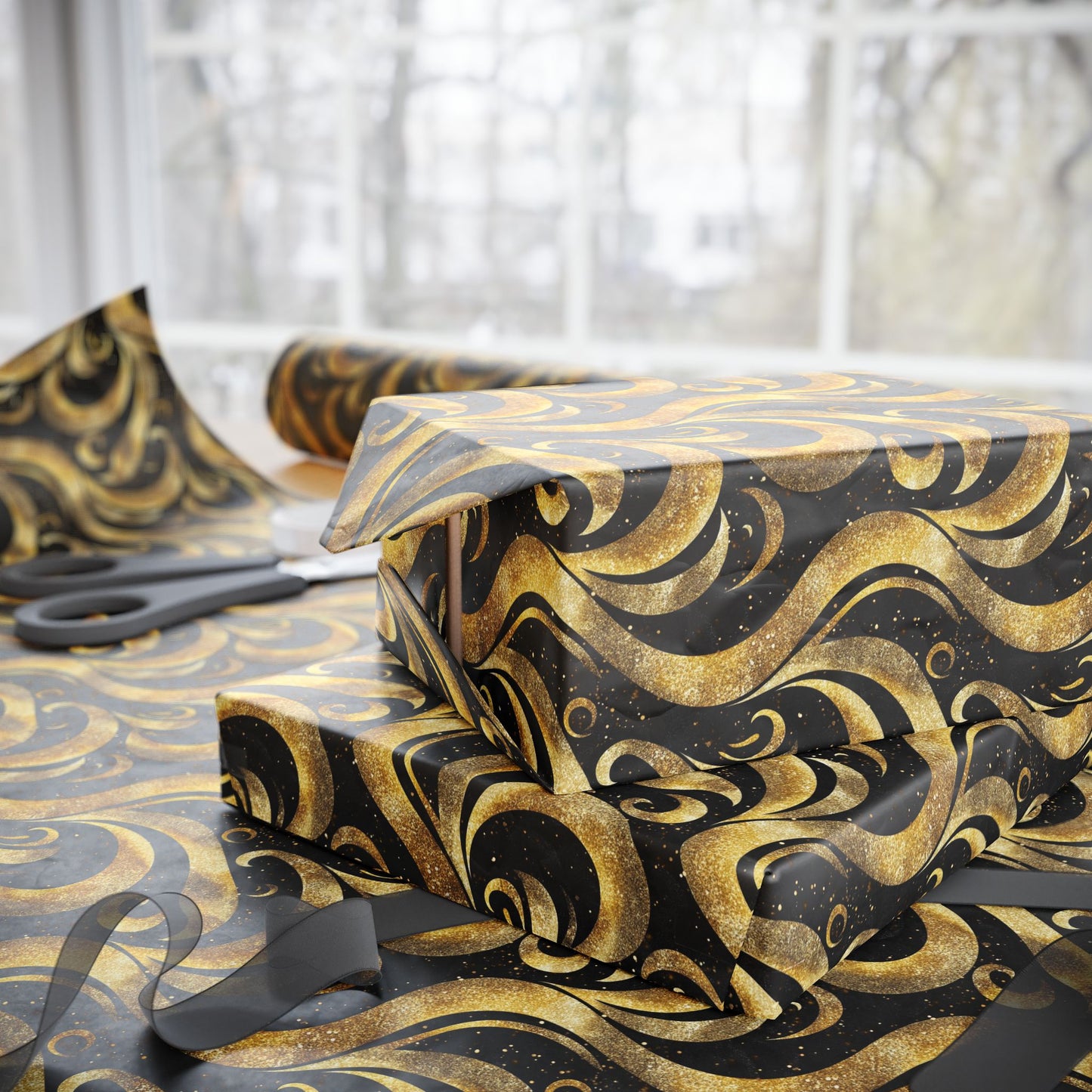 Black & Gold Luxe Swirl Wrapping Paper