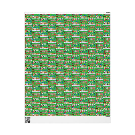 Colorful Christmas Village Green Wrapping Paper