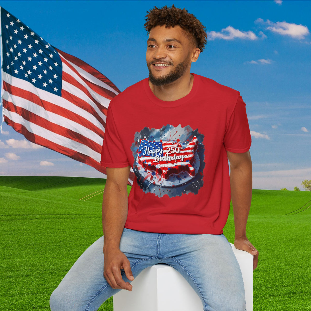 America-Shaped Happy 250th Birthday Cake Adult T-shirt