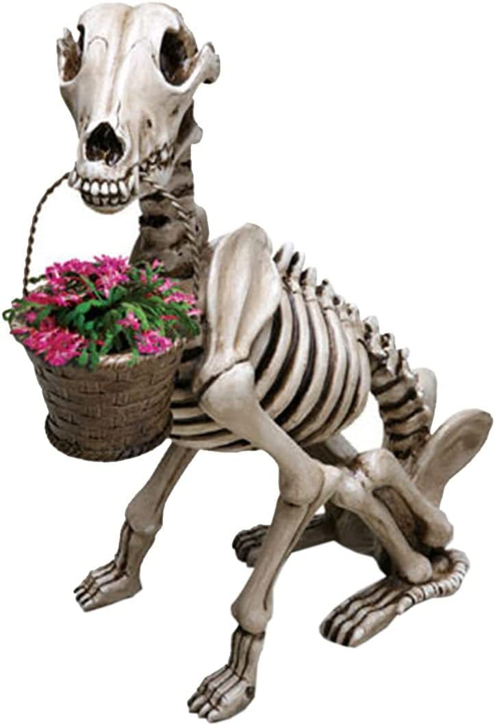 Skeleton Dog Garden Statue with Flower Basket