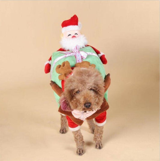 Santa Claus Dog Costume – Festive Holiday Pet Outfit with Gift Chest & Ribbon