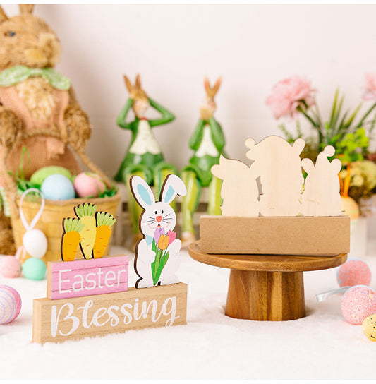 Wooden Easter Rabbit Holding Flower Decor