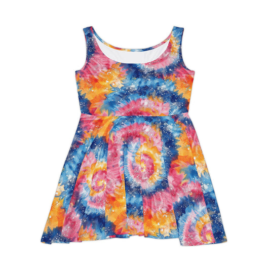 Red, Blue & Yellow Speckled Tie Dye Print Women's Skater Dress
