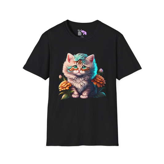 Cute Colorful Kitten in Flowers 3 Adult T-shirt