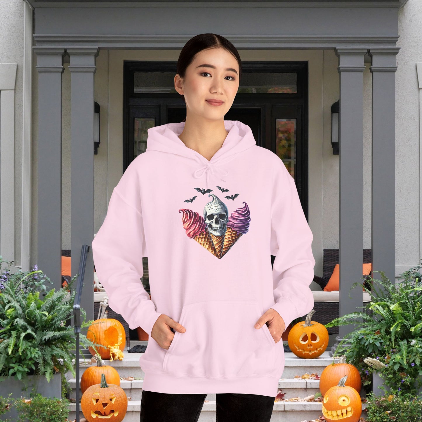 Spooky Ice Cream Cones Skull w/Bats Heavy Blend™ Hooded Sweatshirt
