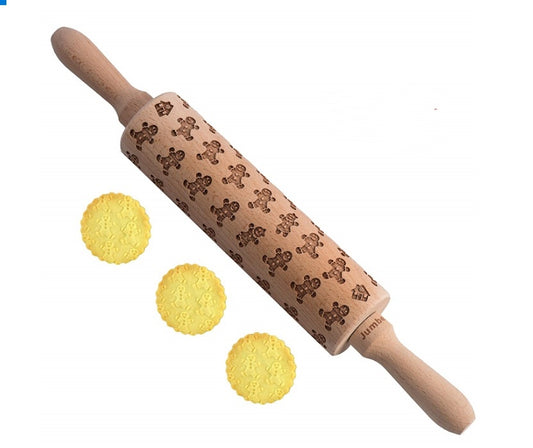 Christmas Embossed Wooden Rolling Pin – Holiday Cookie & Pie Dough Roller with Reindeer, Snowflakes, Trees, Gingerbread & More