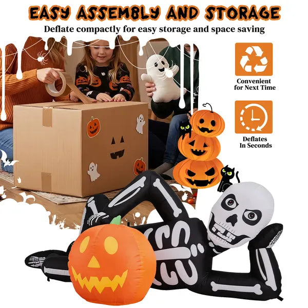 7 ft Halloween Inflatable Lying Skeleton with Pumpkin & LED Lights
