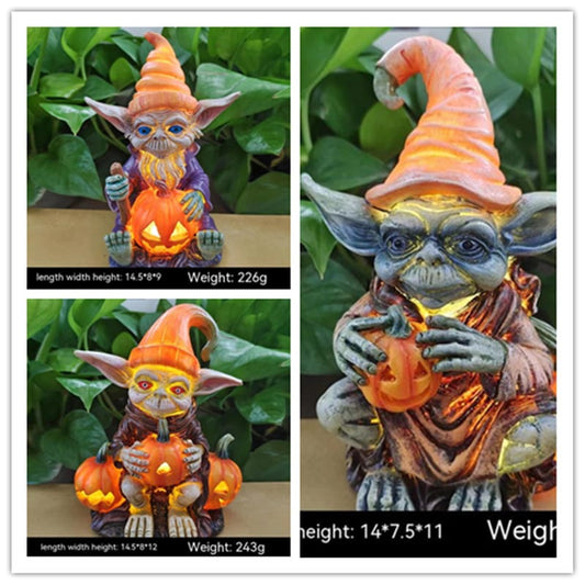 Halloween Lighted Pumpkin Goblin Resin Figurines – LED Jack-O'-Lantern Decor | Individual or Set of 4