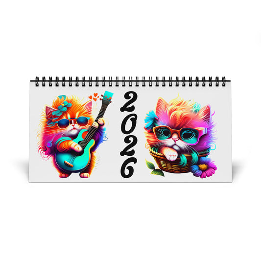 2026 Colorful Cat Desktop Calendar — Cute Kitten Monthly Grid Planner