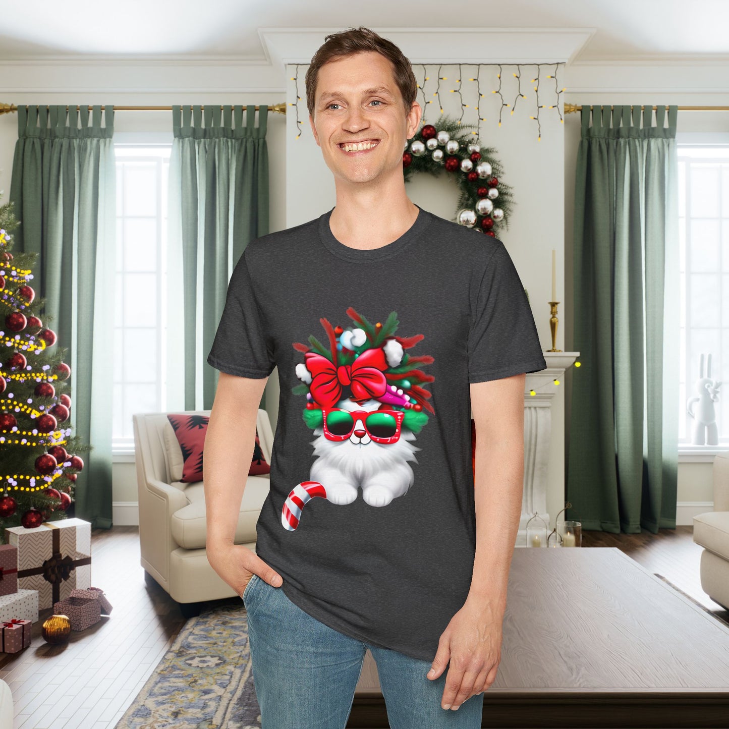 White Candy Cane Kitten Adult T-shirt