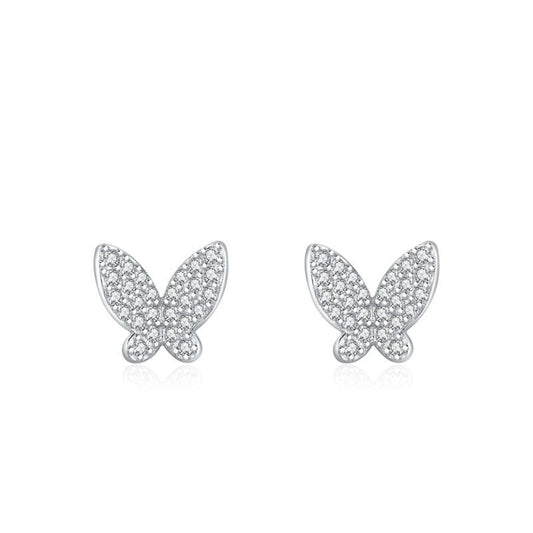 Silver Butterfly Shiny Zircon-encrusted Stud Earrings