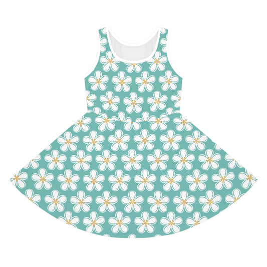 Teal Hibiscus Print Girls' Sleeveless Sundress - Perfect for Summer Parties & Playdates