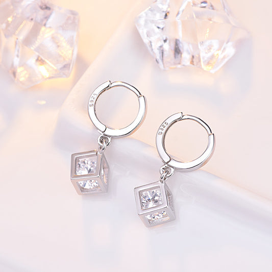 Hollowed Cube Silver Hoop Dangle Earrings