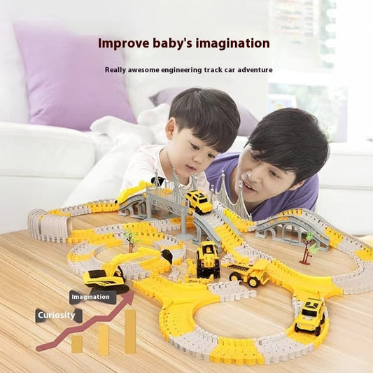 DIY Flexible Construction Race Track Set with Toy Cars – Buildable Stunt Track Playset