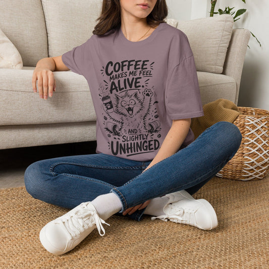Coffee Makes Me Feel Alive and Slightly Unhinged (Cat) Adult T-shirt