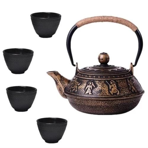 Japanese Mountain Rabbit Cast Iron Tea Set with 4 Cups & Stainless Steel Infuser – 34 oz (1L)