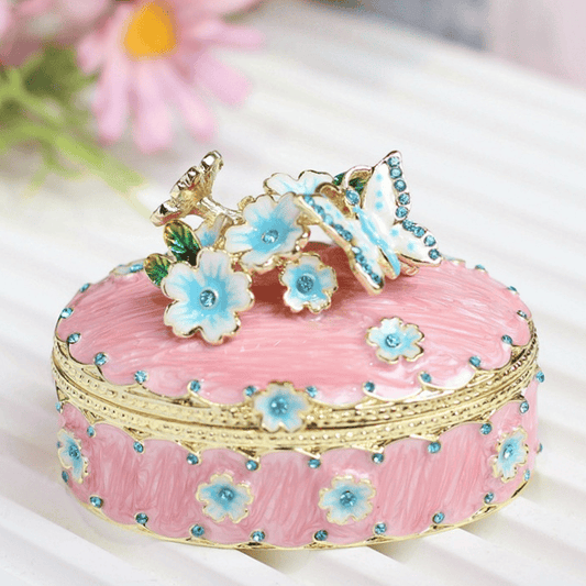 Enamel Cherry Blossom Trinket Box – Hand-Painted Floral Jewelry Storage Keepsake