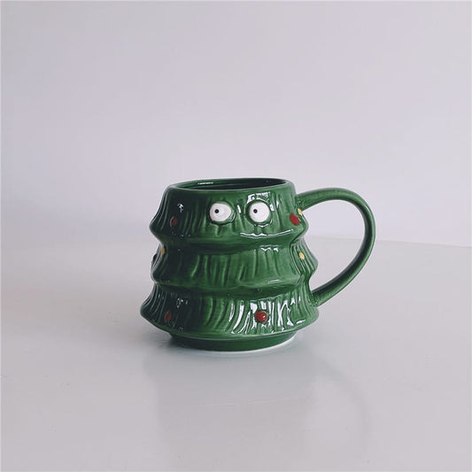 Funny Christmas Tree Ceramic Mug – Cute Holiday Coffee Cup with Cartoon Face