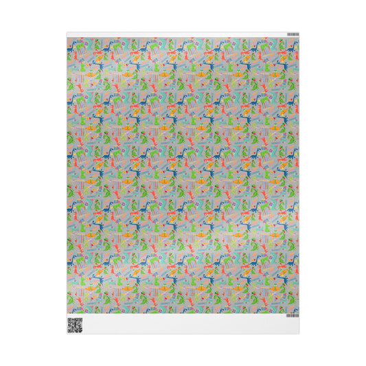 Birthday Dinosaur (Lt. Grey) Custom Name Wrapping Paper (Leonardo)