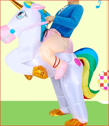 Inflatable White Unicorn Rider Costume with Rainbow Tail for Adults