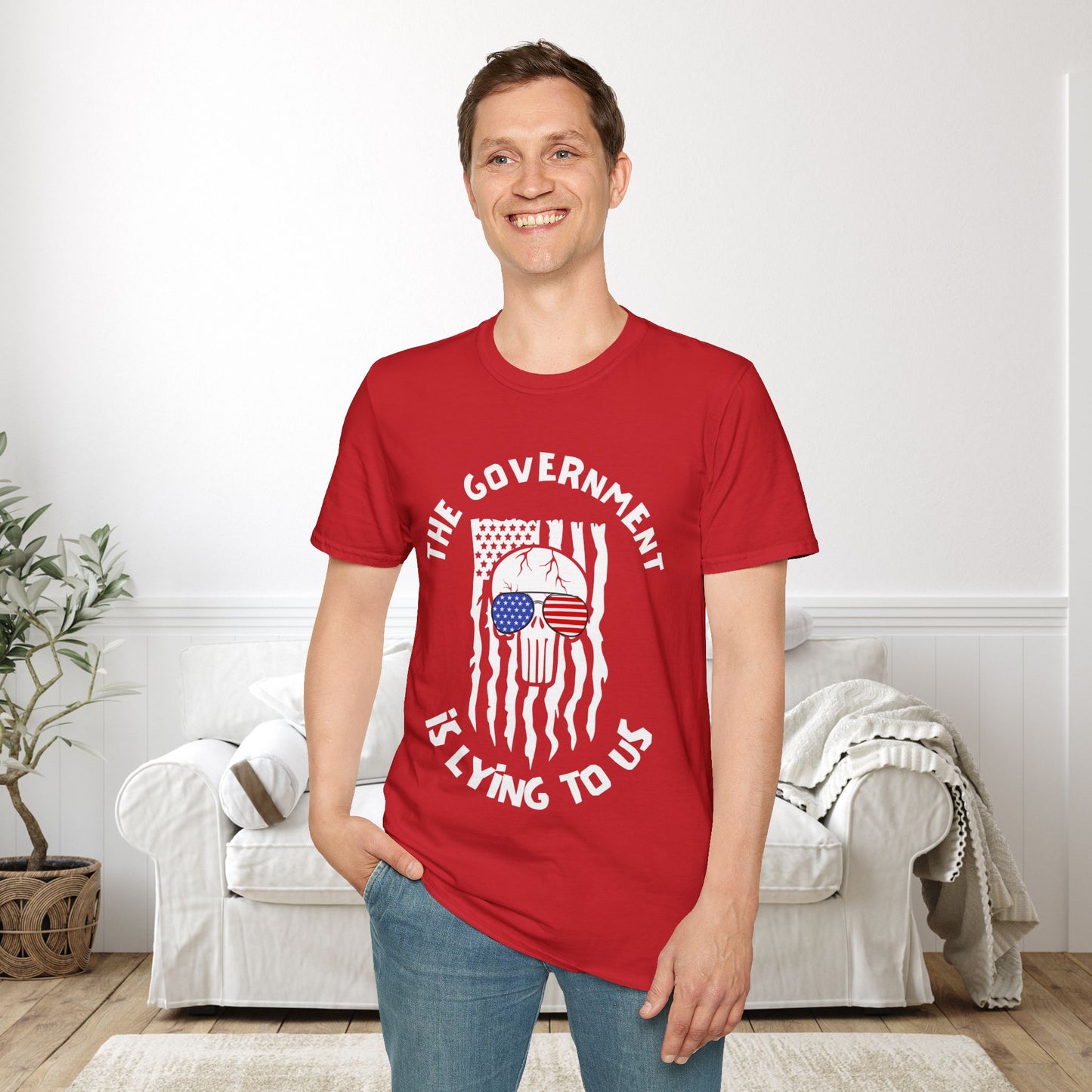 The Government is Lying To Us Skull w/Glasses Over Flag Adult T-shirt