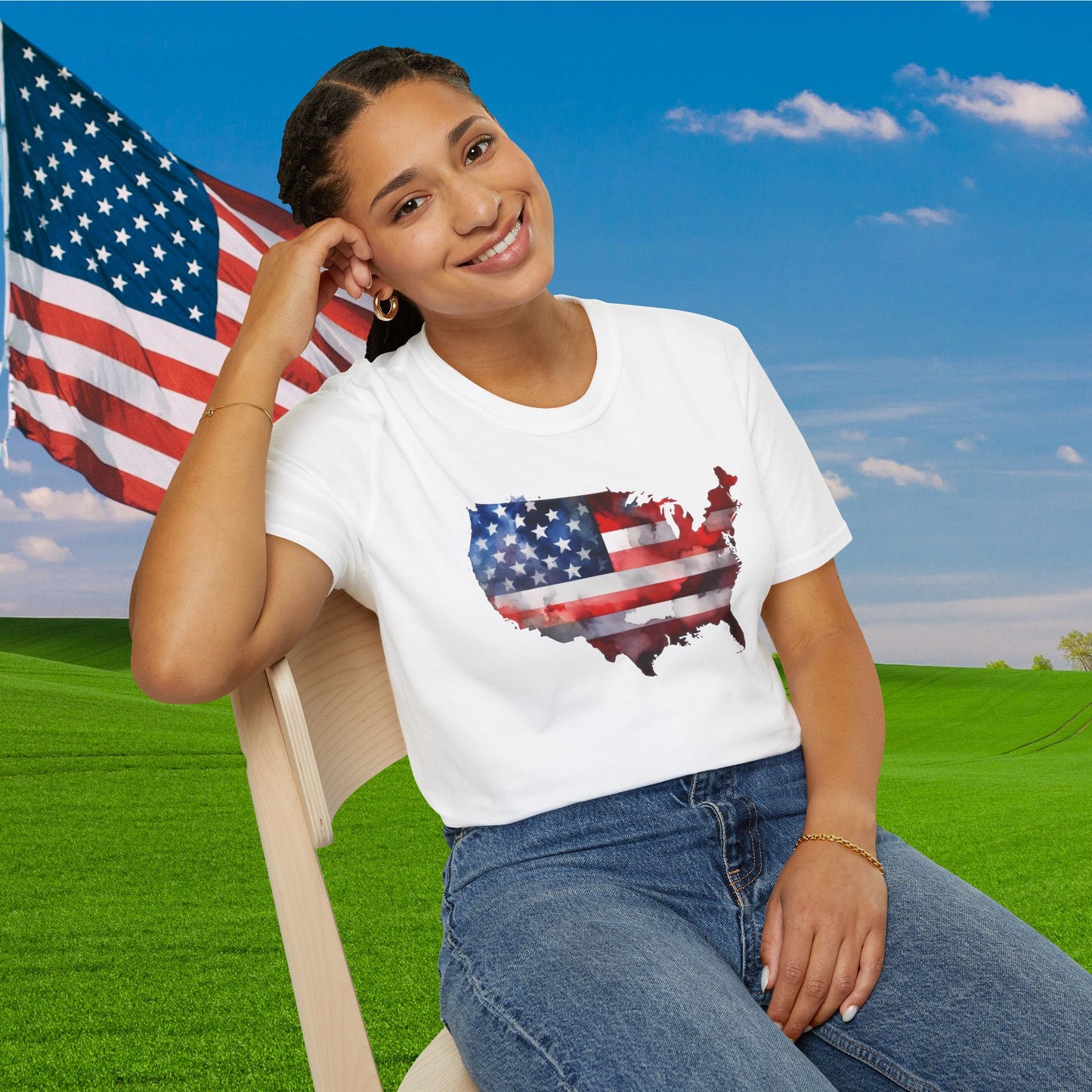 American-Shaped Flag Watercolor Adult T-Shirt