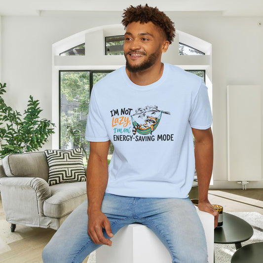 I'm Not Lazy, I'm On Energy Saving Mode (Racoon in Hammock) Adult T-shirt