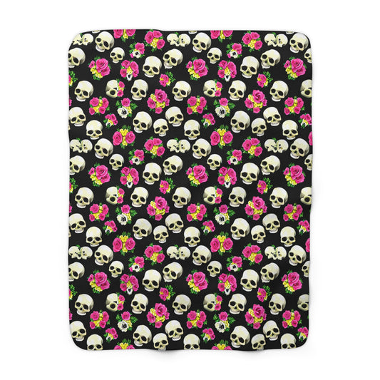 Pink Roses & Skulls Sherpa Fleece Blanket