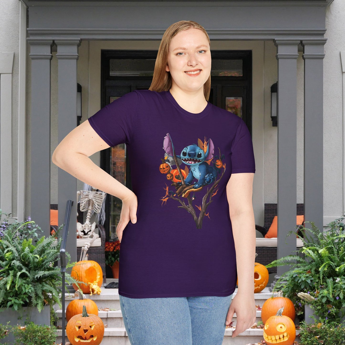 Halloween Stitch in Tree w/Pumpkins Adult T-shirt