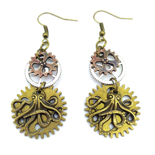 Three-color Gear & Octopus Steampunk Hook Earrings