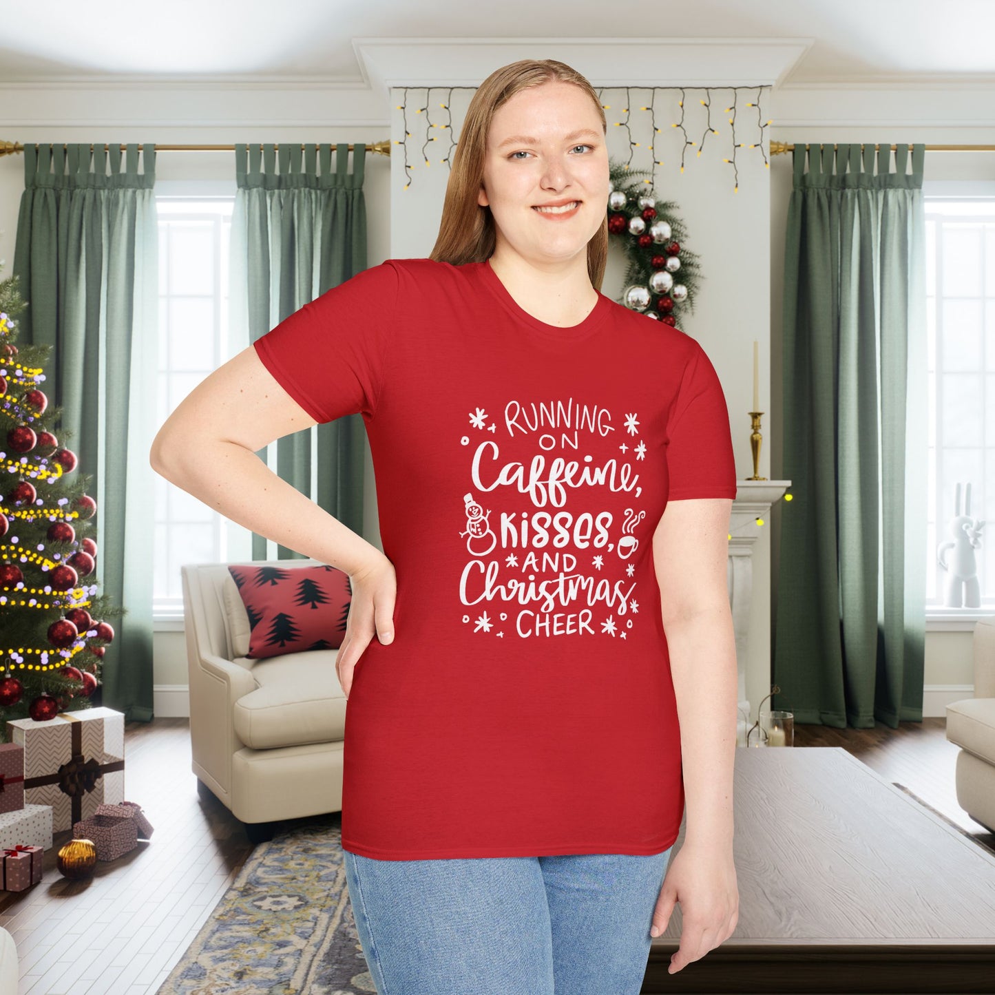 Running on Caffeine, Kisses, & Christmas Cheer Adult T-shirt