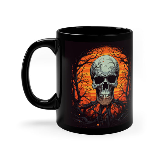 Spooky Skull & Bat Over Full Moon Black Coffee Mug, 11oz