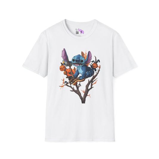 Halloween Stitch in Tree w/Pumpkins Adult T-shirt