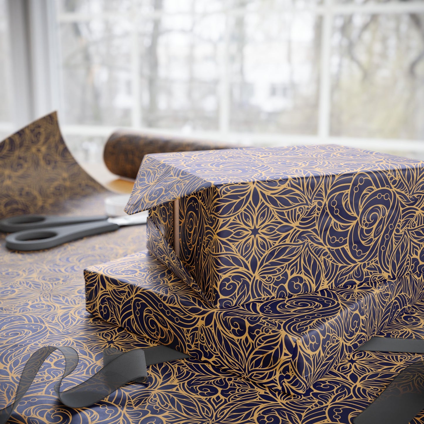 Golden Midnight Radiance Mandala Wrapping Paper