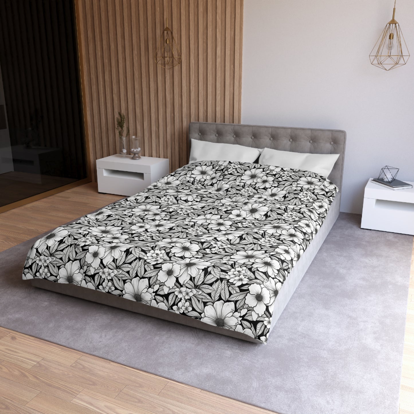 Black & White Forget-Me-Nots Microfiber Duvet Cover